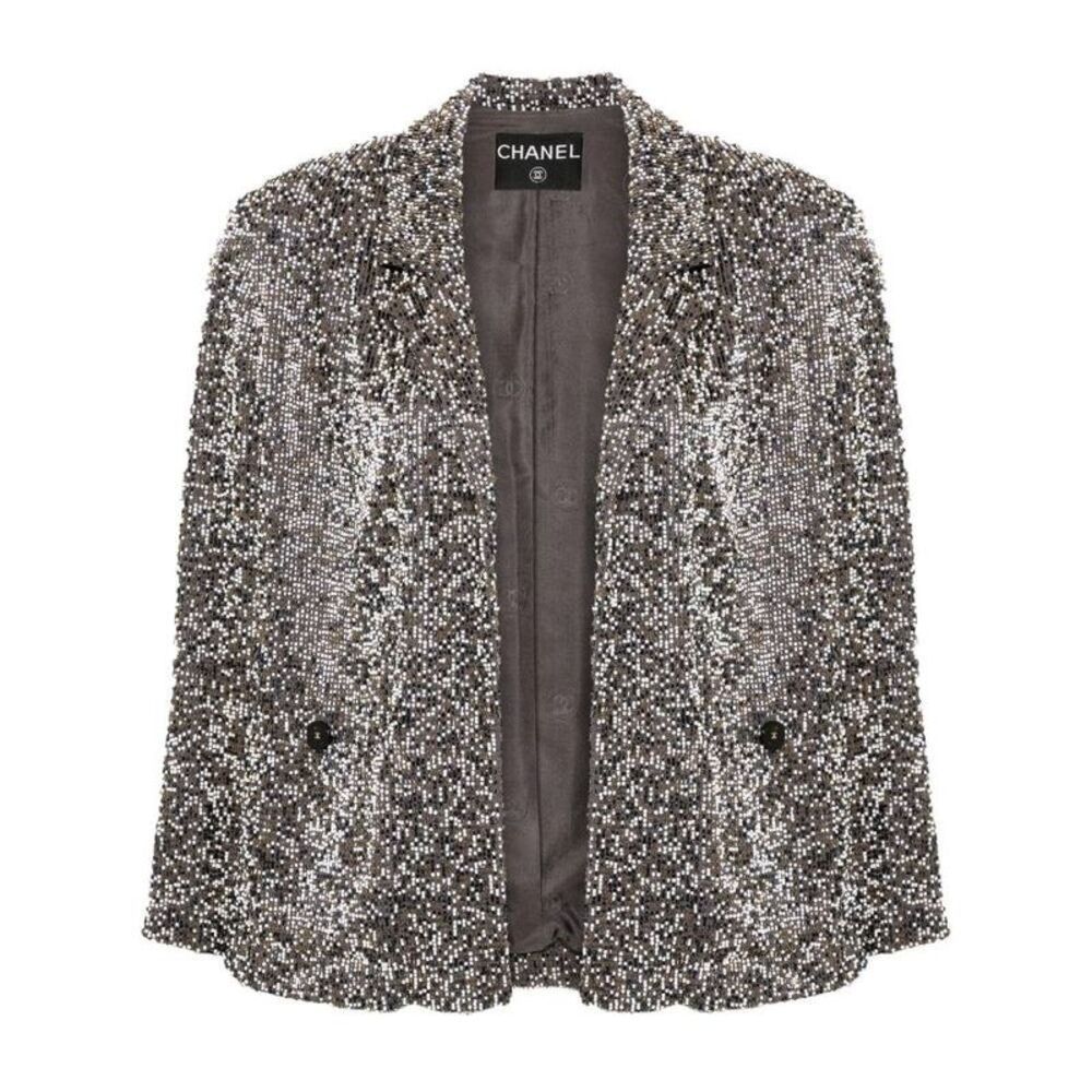 Chanel 1999 Fully Beaded Grey & Gold Open Jacket with Silk Lining